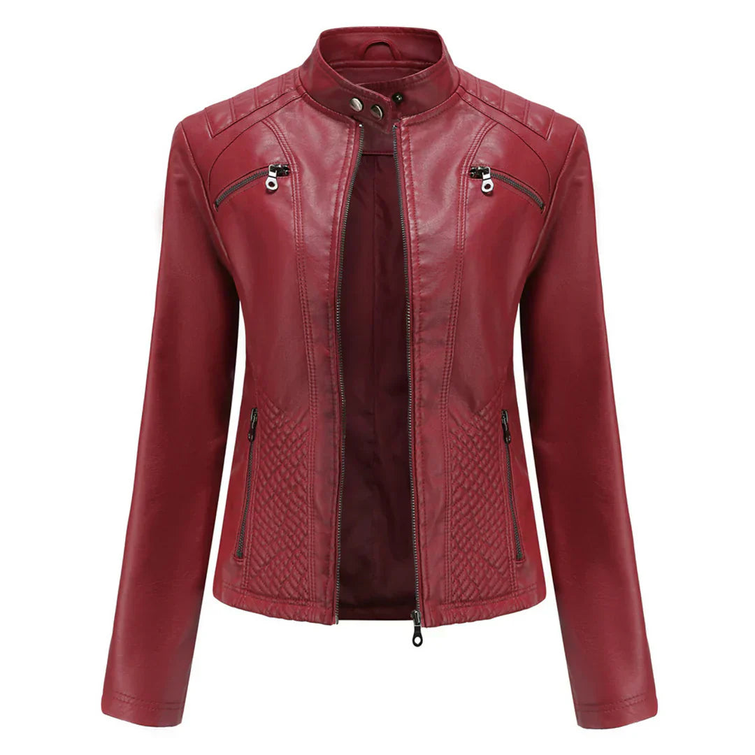 Elegante chaqueta de imitación de piel para mujer con diseño clásico de motera