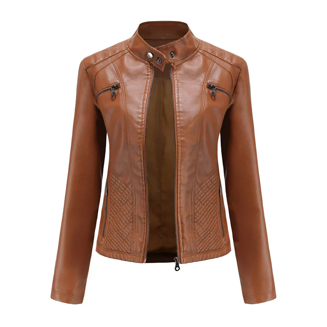 Elegante chaqueta de imitación de piel para mujer con diseño clásico de motera