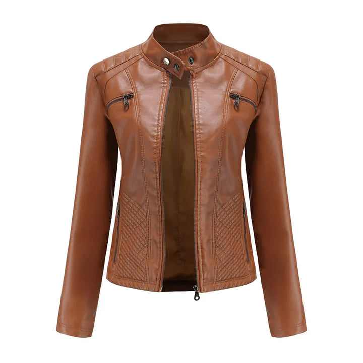 Elegante chaqueta de imitación de piel para mujer con diseño clásico de motera