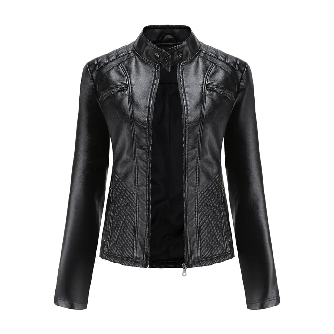 Elegante chaqueta de imitación de piel para mujer con diseño clásico de motera
