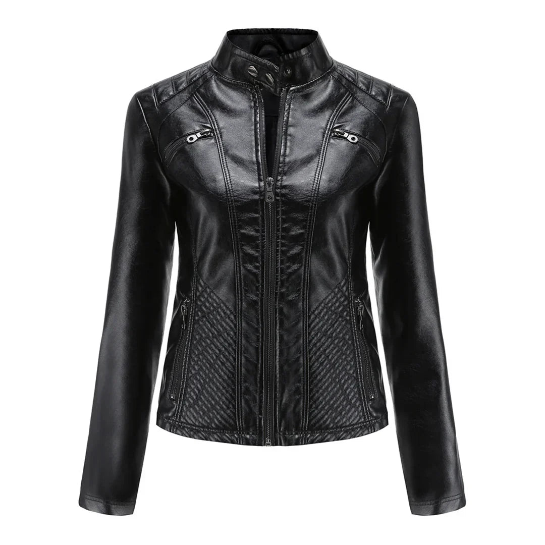 Elegante chaqueta de imitación de piel para mujer con diseño clásico de motera