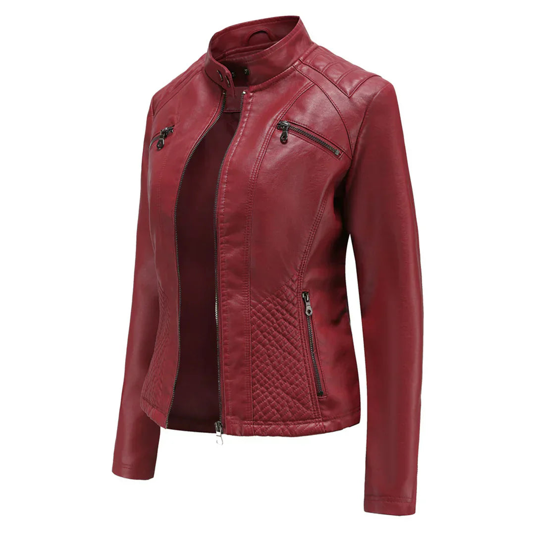 Elegante chaqueta de imitación de piel para mujer con diseño clásico de motera