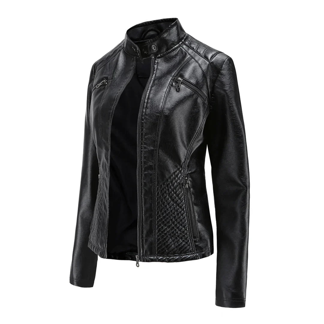 Elegante chaqueta de imitación de piel para mujer con diseño clásico de motera