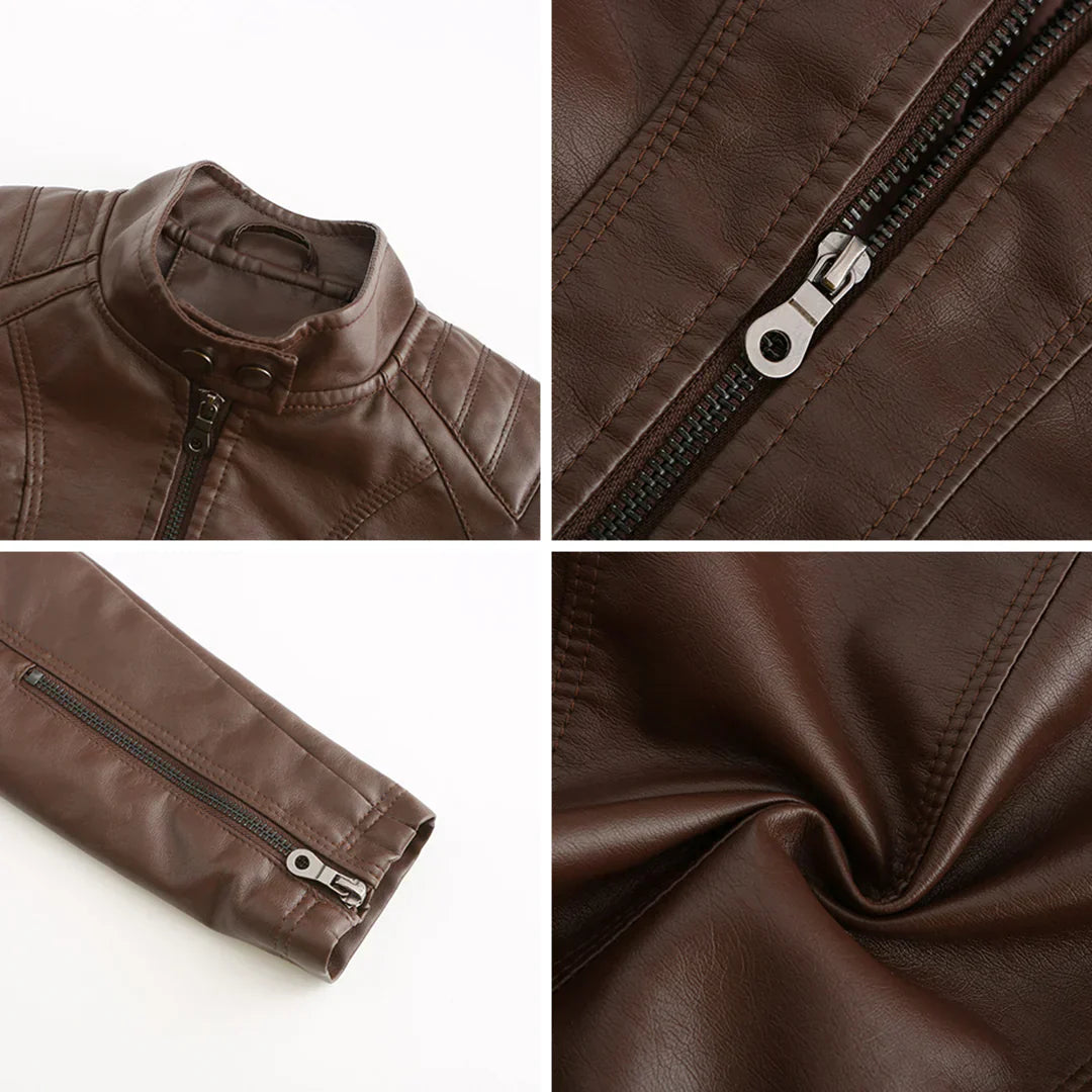 Elegante chaqueta de imitación de piel para mujer con diseño clásico de motera