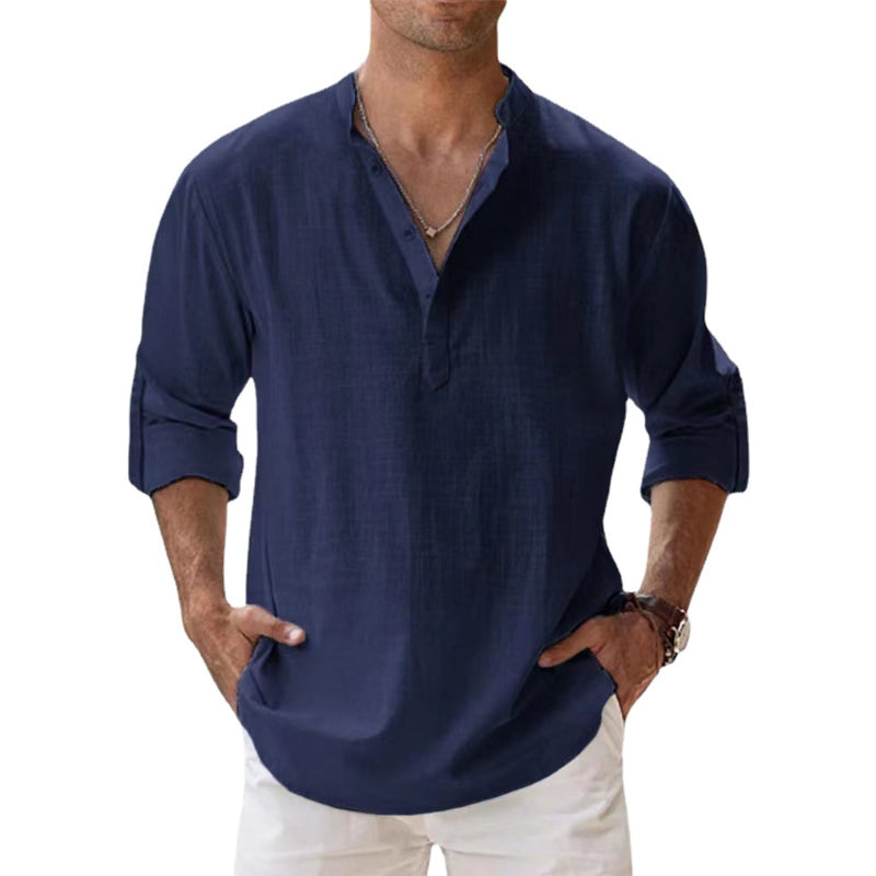 Camisa de Lino Estilo Henley para Hombre, Ideal para la Primavera y el Verano