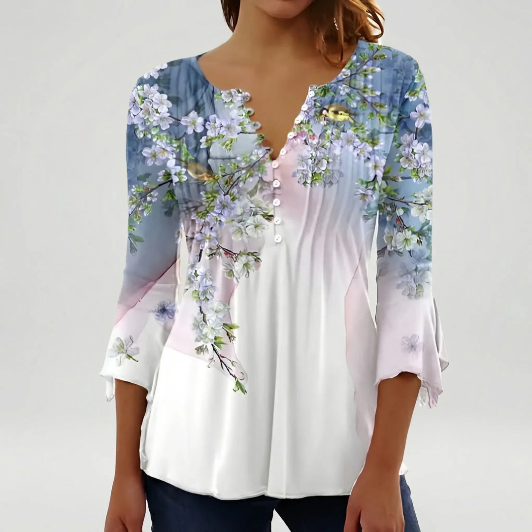Floravia - Blusa de mujer con cuello abotonado y estampado floral