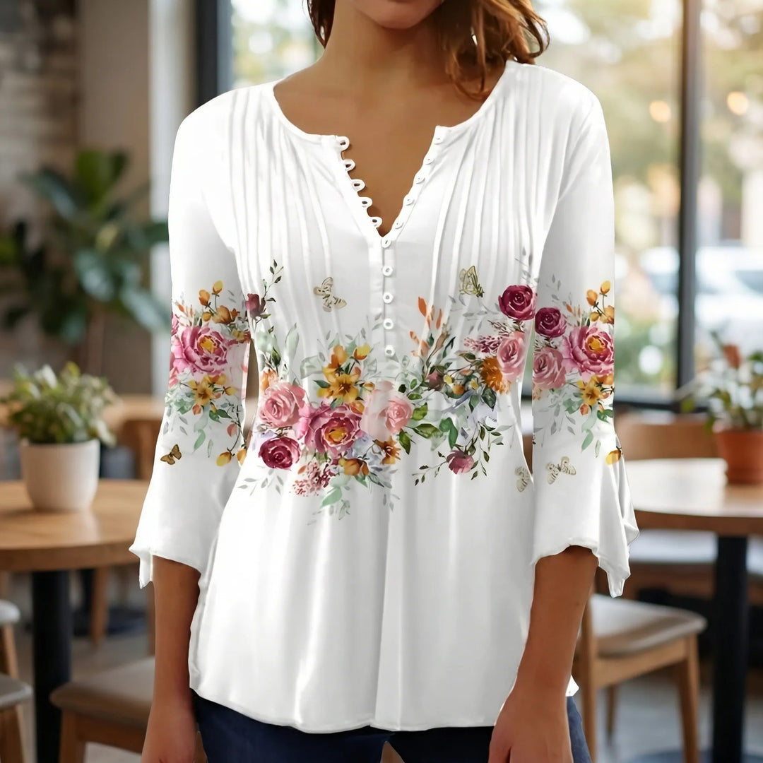 Floravia - Blusa de mujer con cuello abotonado y estampado floral