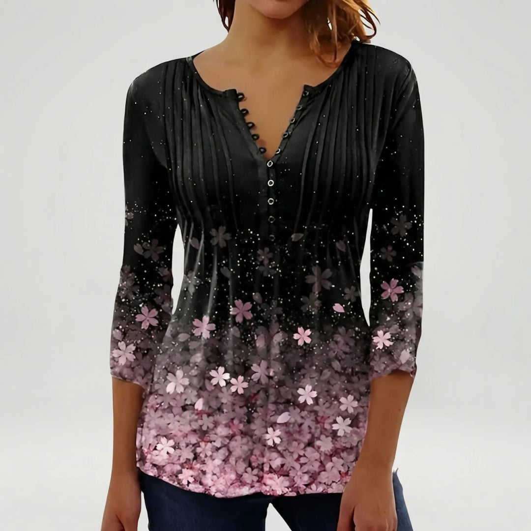 Floravia - Blusa de mujer con cuello abotonado y estampado floral