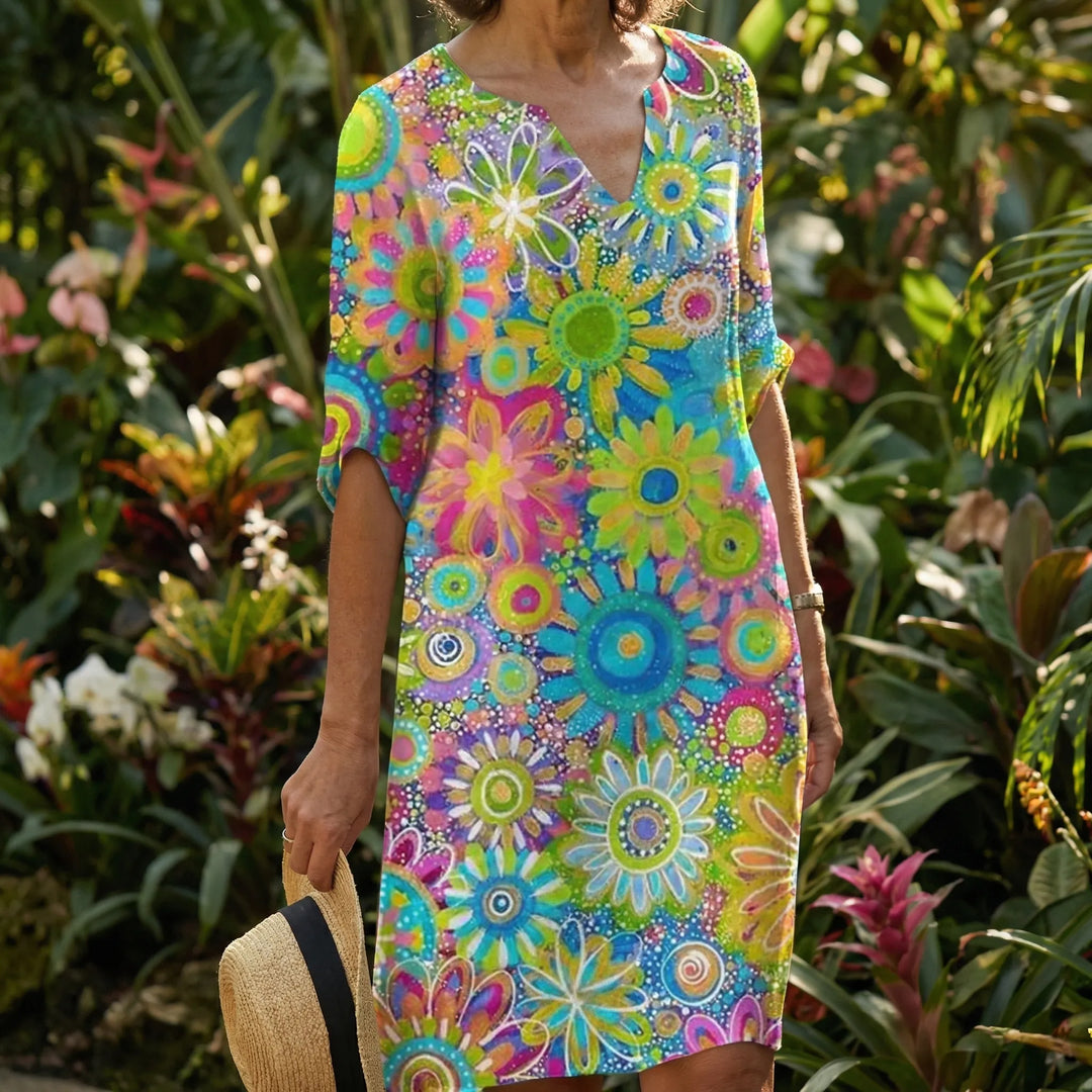 Florvida - Vestido midi con estampado floral llamativo