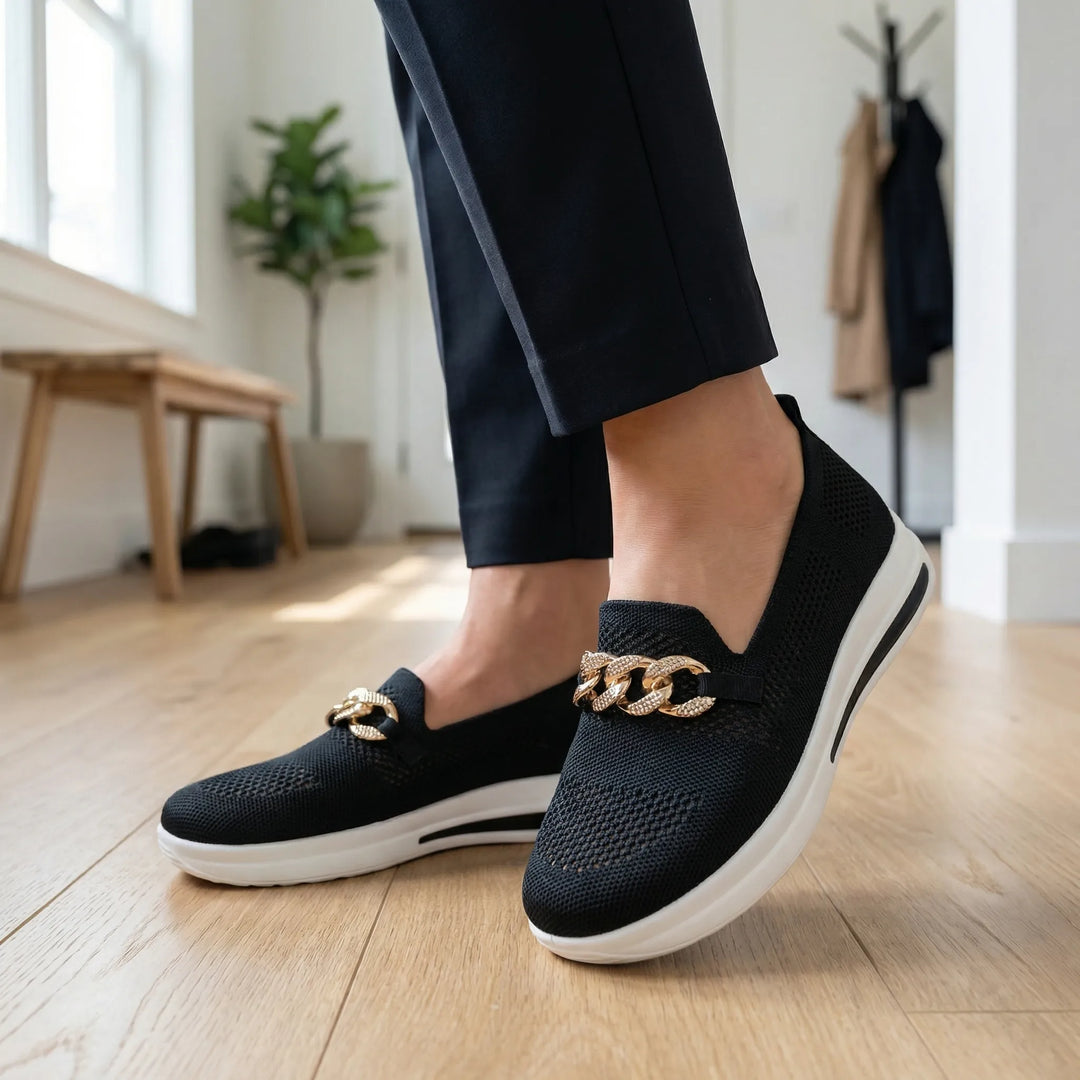 Glitzloa - Zapatillas sin cordones de punto con detalle de cadena