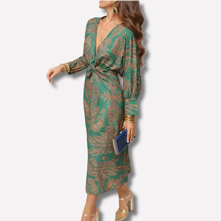 Vestido midi estampado con nudo delantero y escote en V profundo