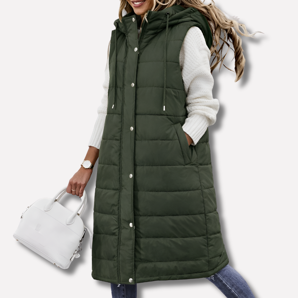 Chaleco largo con capucha para mujer