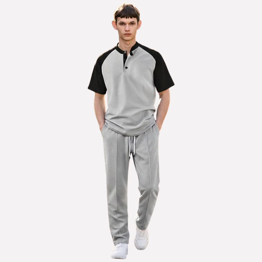 Conjunto de Lounge de Camisa de Botón para Hombres y Pantalones Largos de Gofre