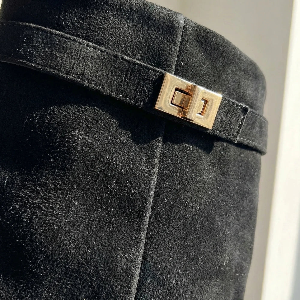Kneelix - Bota de tacón de bloque hasta la rodilla