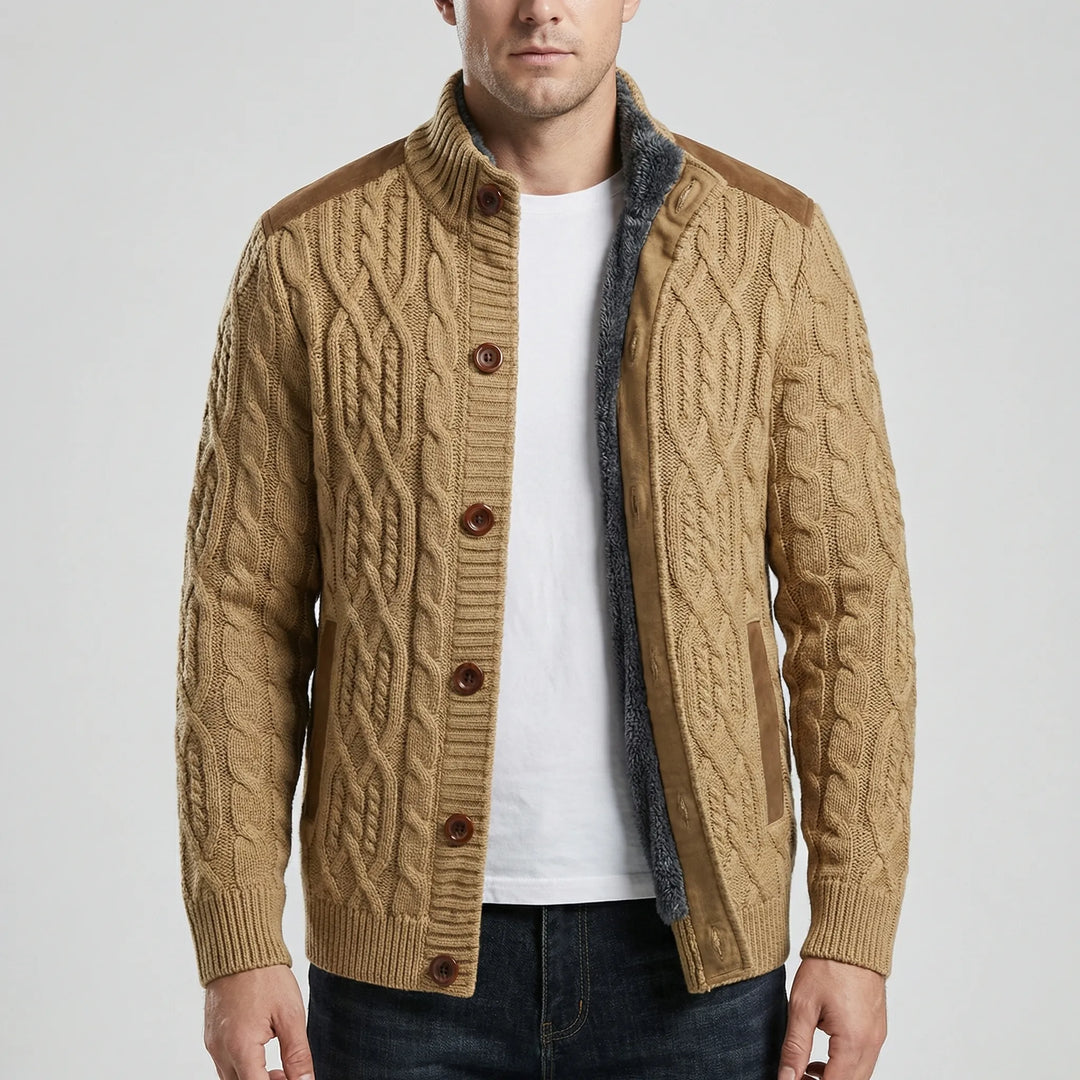 Knovurn - Chaqueta cárdigan de punto trenzado con forro polar