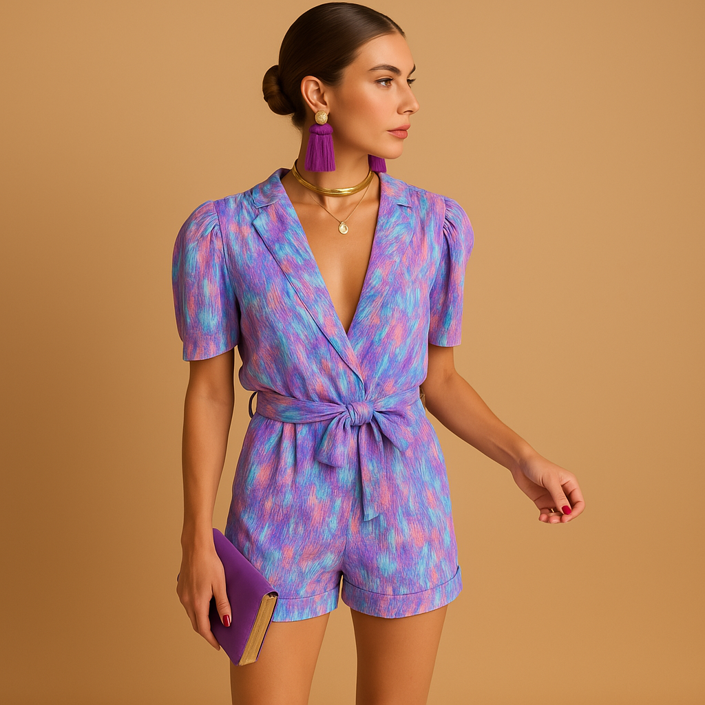 Dames zomerjumpsuit met levendige print, korte broek en taille-accentuerende riem, perfect voor warme dagen en casual gelegenheden.