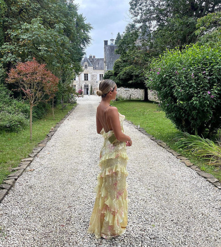 Vestido largo con volantes para mujer, elegante y romántico.