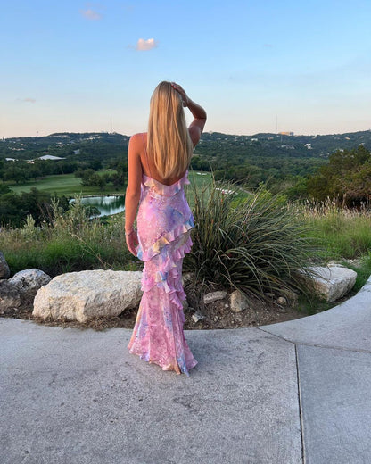 Vestido largo con volantes para mujer, elegante y romántico.