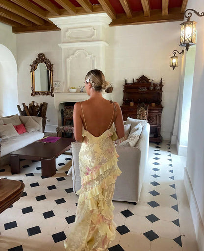 Vestido largo con volantes para mujer, elegante y romántico.
