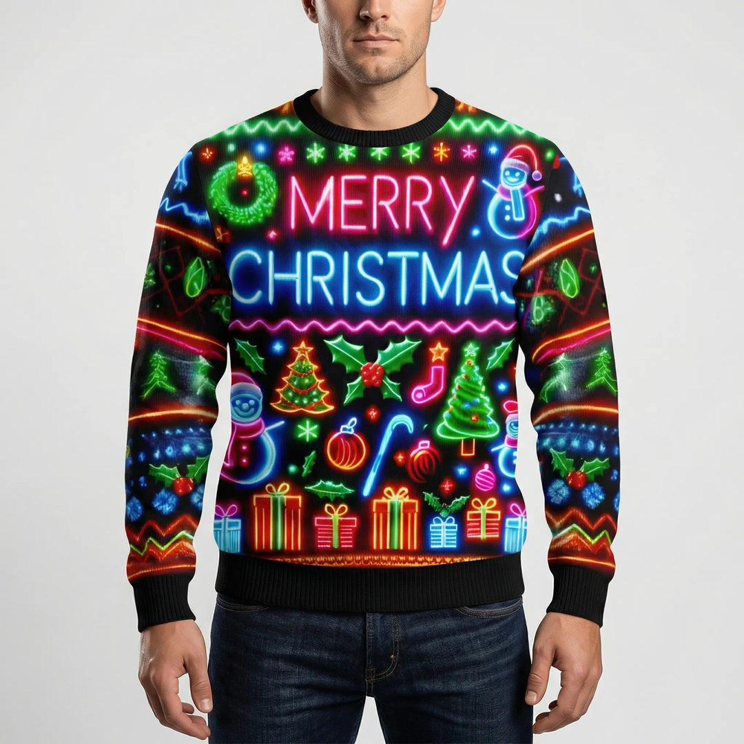 Neonmas - Suéter navideño de cuello redondo con estampado neón