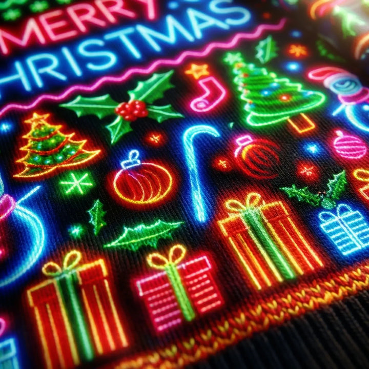 Neonmas - Suéter navideño de cuello redondo con estampado neón