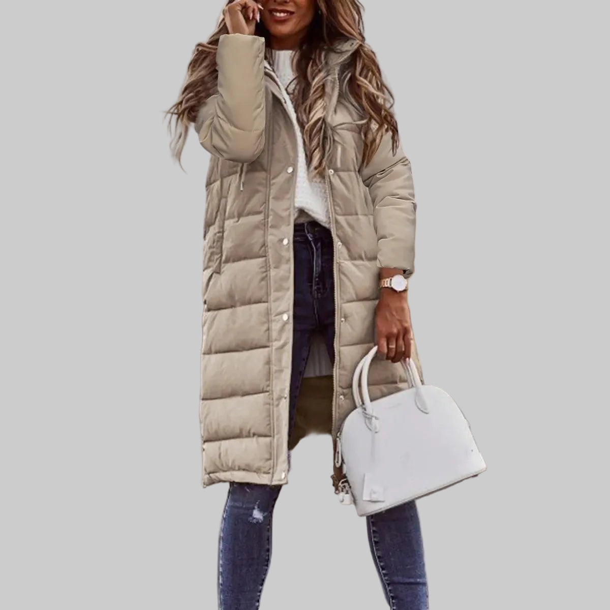 Chaqueta larga acolchada con capucha para mujer