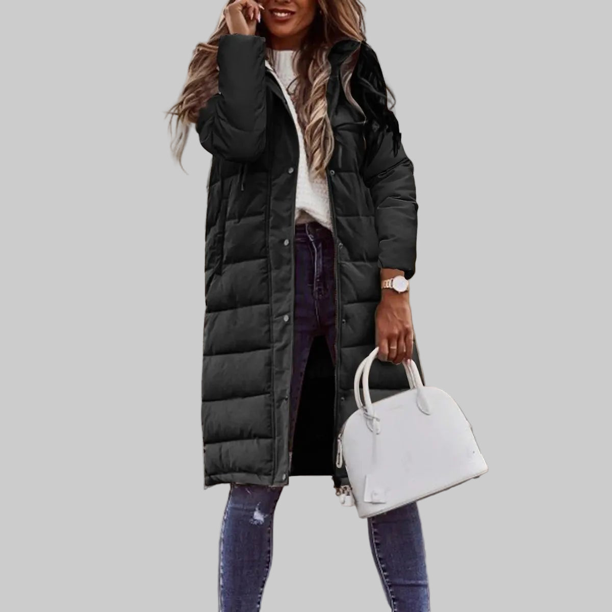 Chaqueta larga acolchada con capucha para mujer