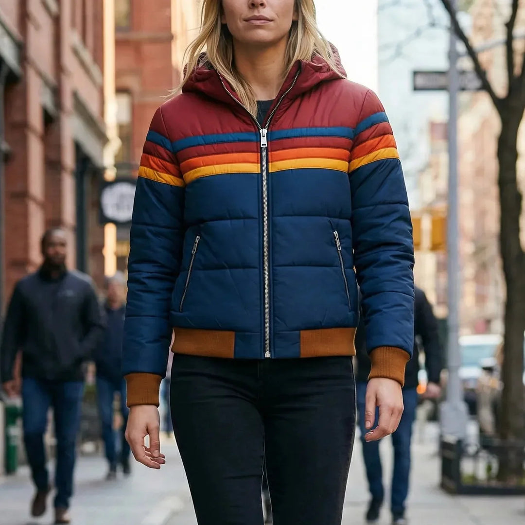 Retrova - Chaqueta acolchada retro a rayas con capucha