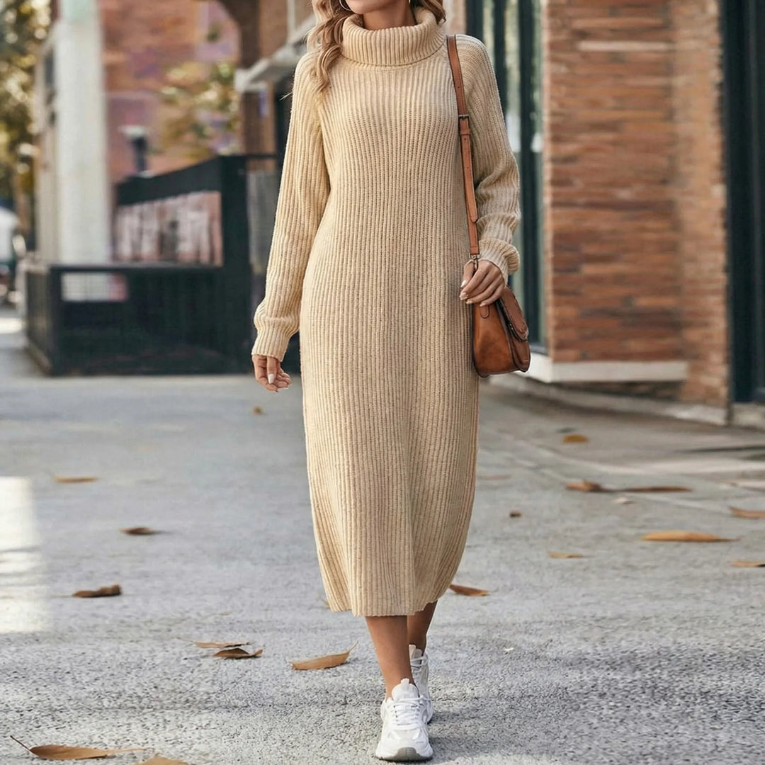 Ribblene - Vestido midi de cuello alto acanalado