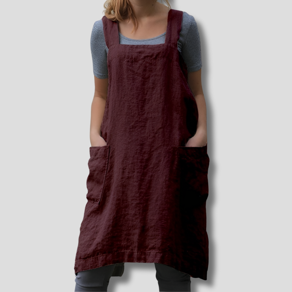 Vestido estilo delantal de algodón y lino para mujeres con bolsillos
