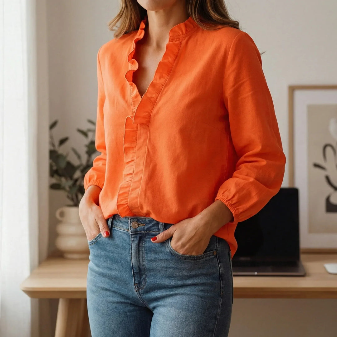 Rufella - Blusa de manga larga con cuello en V y volantes