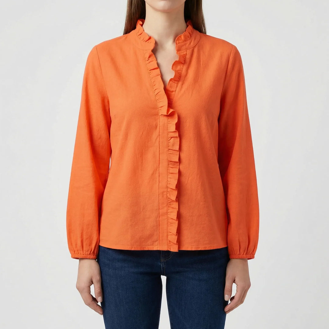 Rufella - Blusa de manga larga con cuello en V y volantes