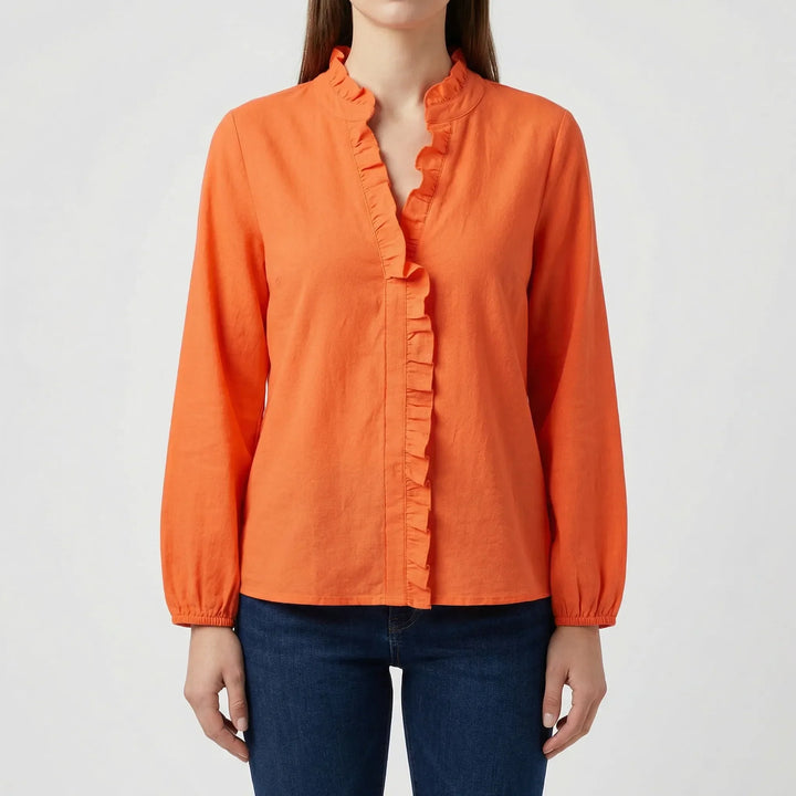 Rufella - Blusa de manga larga con cuello en V y volantes