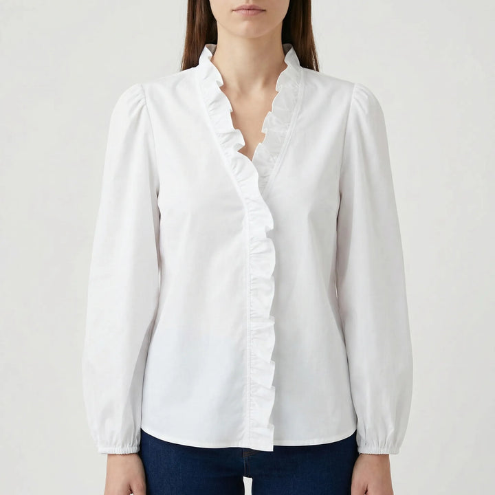Rufella - Blusa de manga larga con cuello en V y volantes