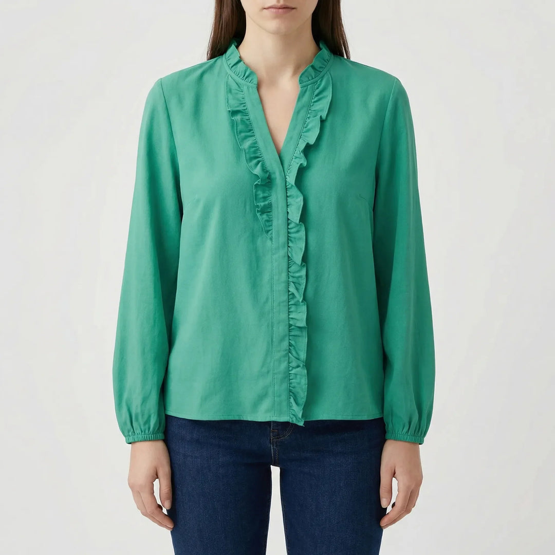 Rufella - Blusa de manga larga con cuello en V y volantes