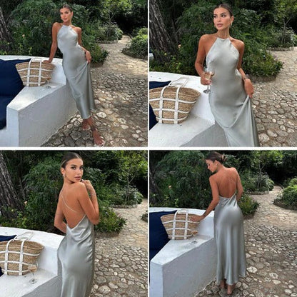 Maxi abito senza maniche con cintura in raso