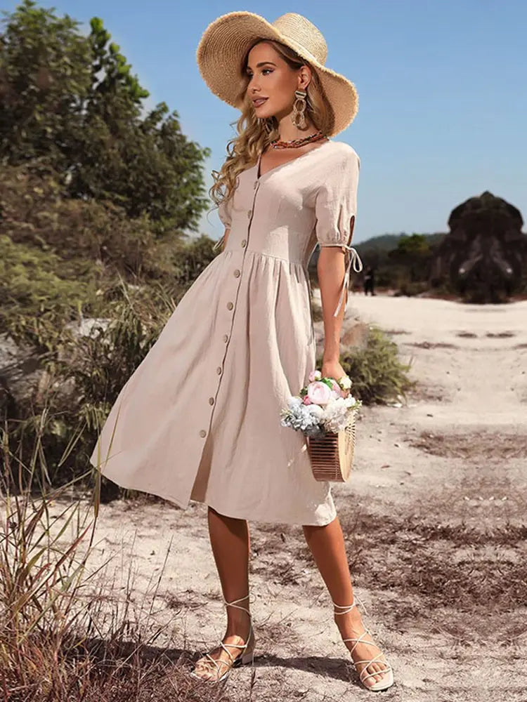 Vestido Primavera Verano Algodón Cuello V