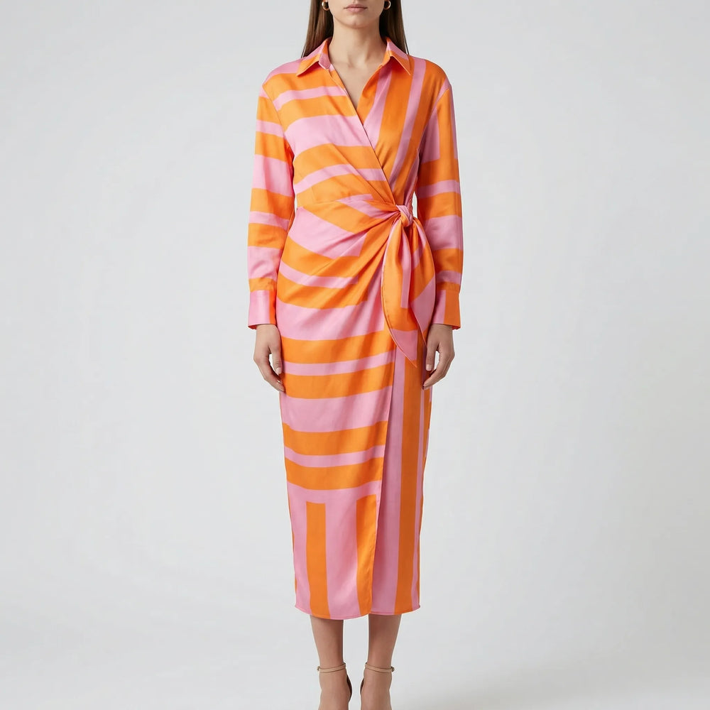 Solanta - Vestido camisero midi de rayas llamativas