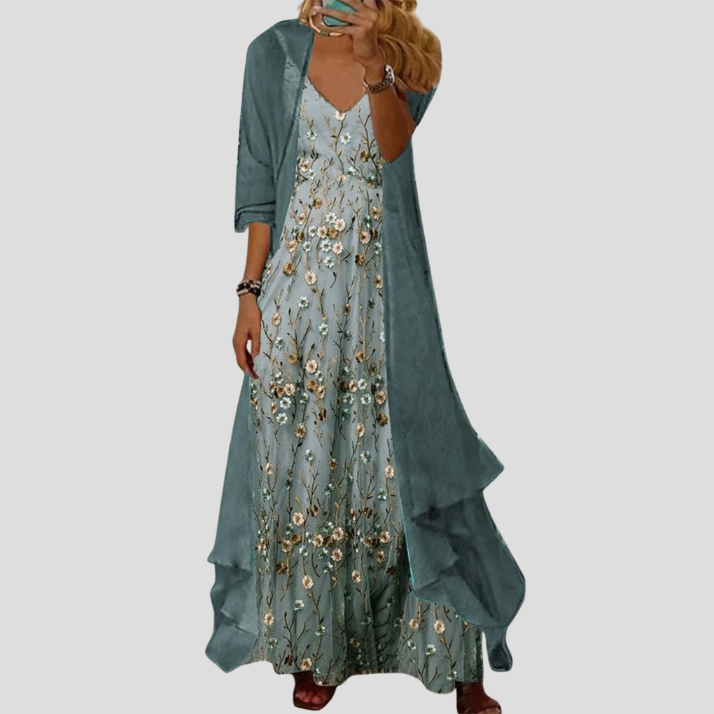 Conjunto Floral Verde de Dos Piezas para Mujeres – Estilo de Manga 3/4 y Cuello en V