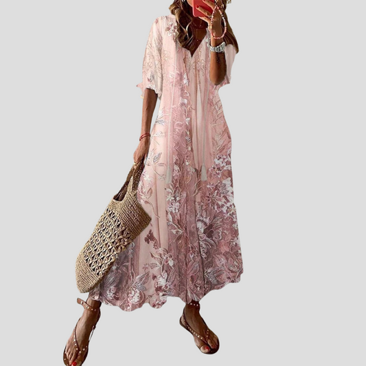 Vestido largo con cuello en V y estampado floral