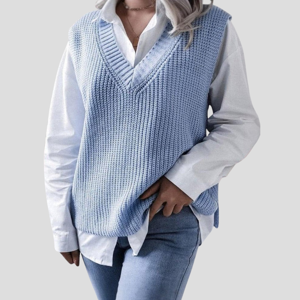 Suéter Sin Mangas Azul para Mujeres con Cuello en V