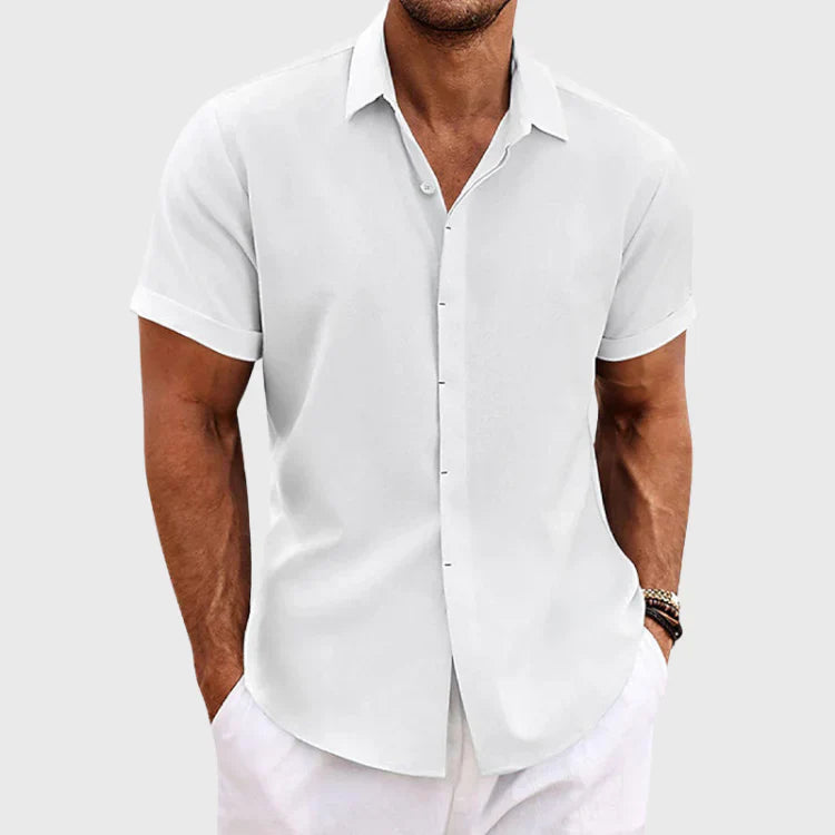 Camisa de Manga Corta para Hombre en Mezcla de Algodón y Lino