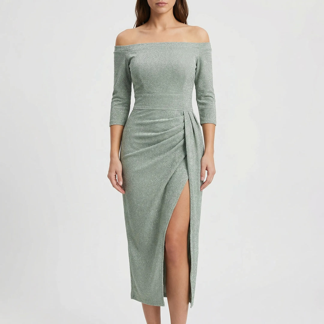 Velynda - Vestido midi ajustado con hombros descubiertos