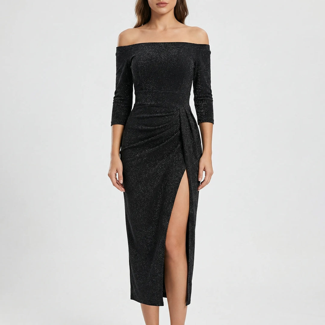 Velynda - Vestido midi ajustado con hombros descubiertos