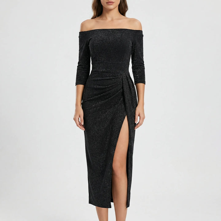 Velynda - Vestido midi ajustado con hombros descubiertos