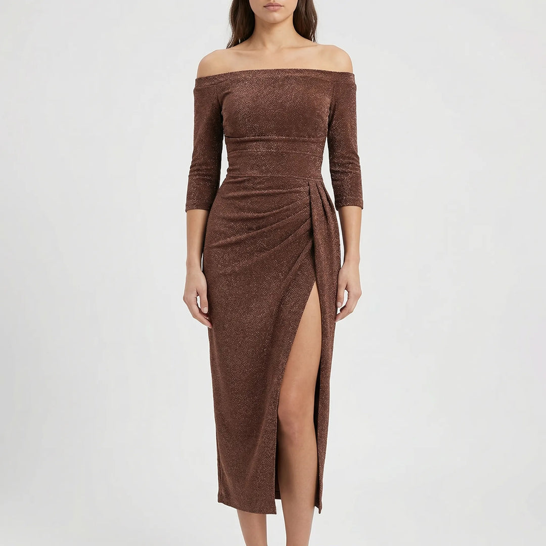 Velynda - Vestido midi ajustado con hombros descubiertos