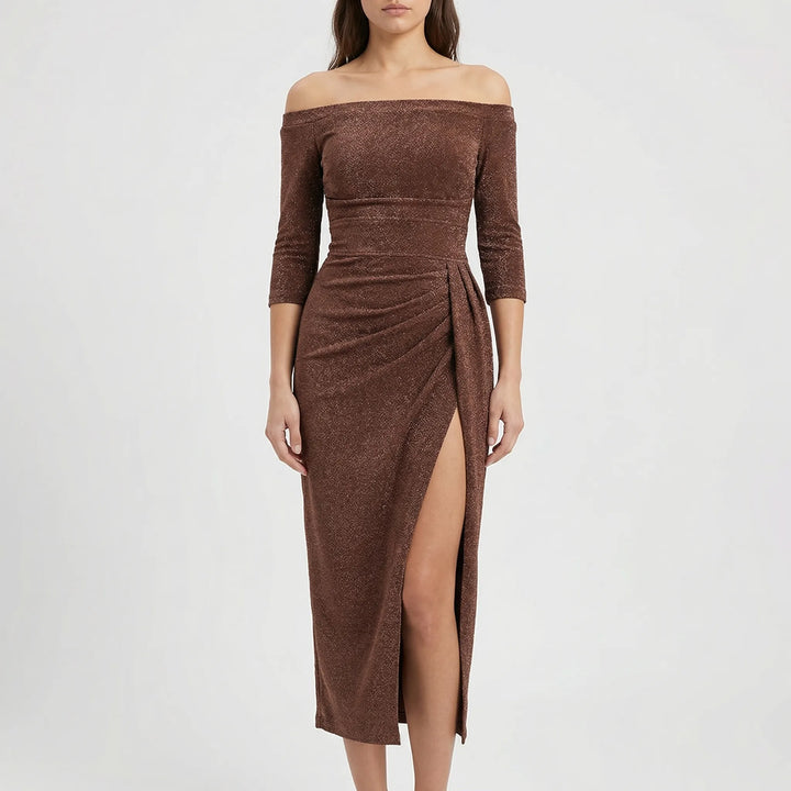 Velynda - Vestido midi ajustado con hombros descubiertos