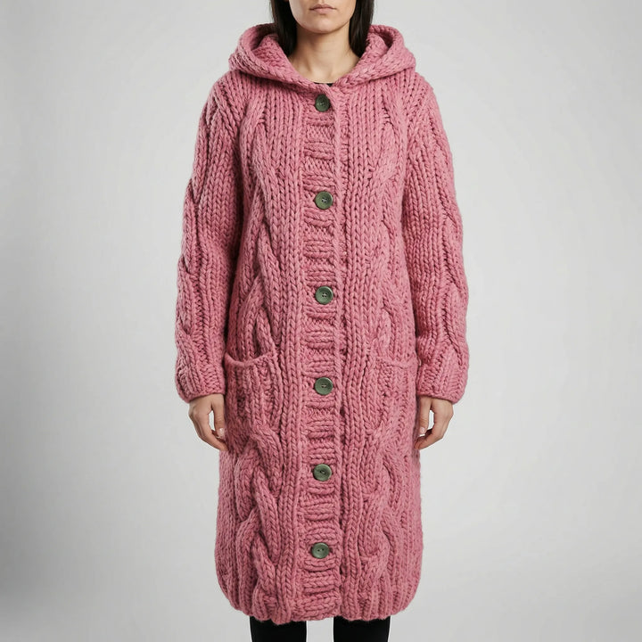 Wovenza - Abrigo largo con capucha de punto trenzado