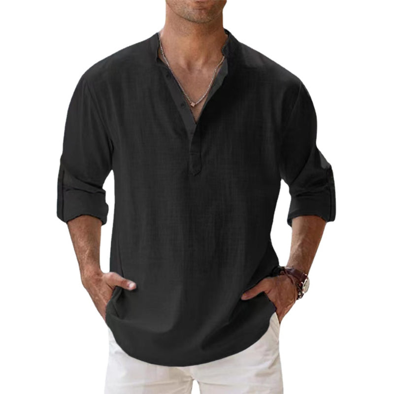 Camisa de Lino Estilo Henley para Hombre, Ideal para la Primavera y el Verano
