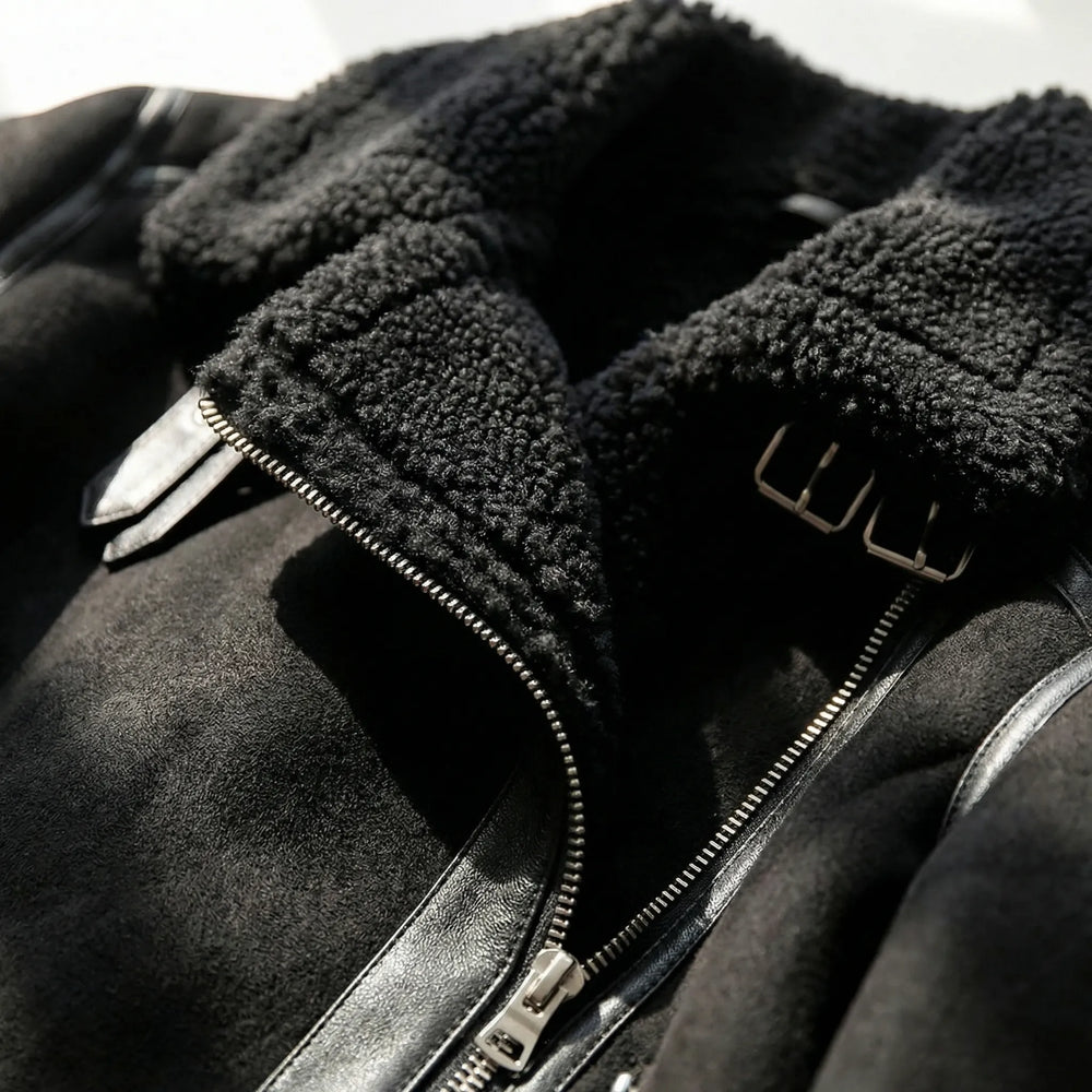 Zelvique - Chaqueta estilo motero con forro de borrego